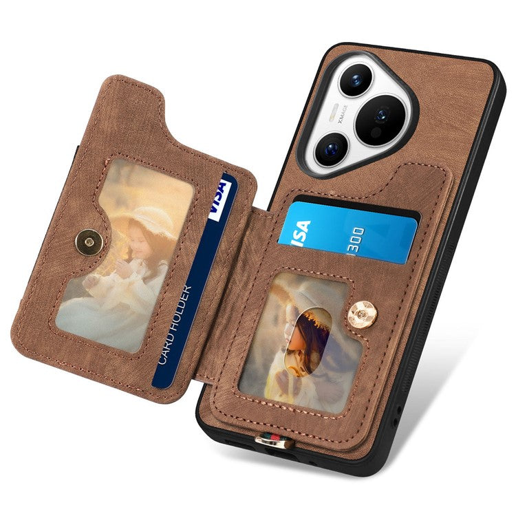 D4 For Huawei Pura 70 Case RFID Blocking Handbag Leather+TPU Phone Cover Card Slots, Ring Holder - Brown