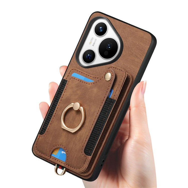 D4 For Huawei Pura 70 Case RFID Blocking Handbag Leather+TPU Phone Cover Card Slots, Ring Holder - Brown