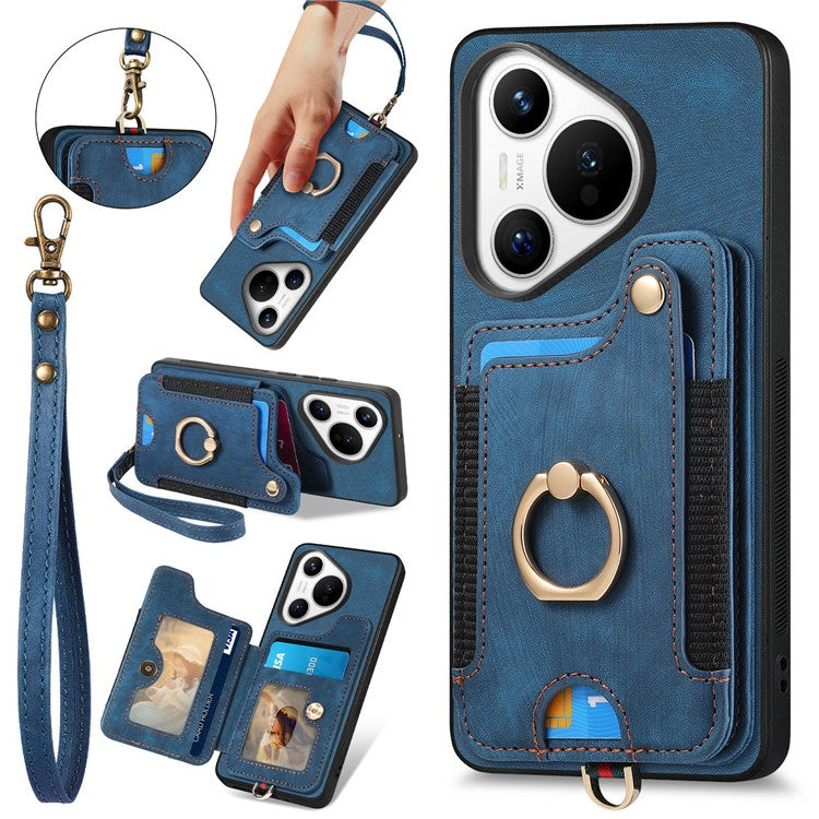 D4 For Huawei Pura 70 Case RFID Blocking Handbag Leather+TPU Phone Cover Card Slots, Ring Holder - Blue