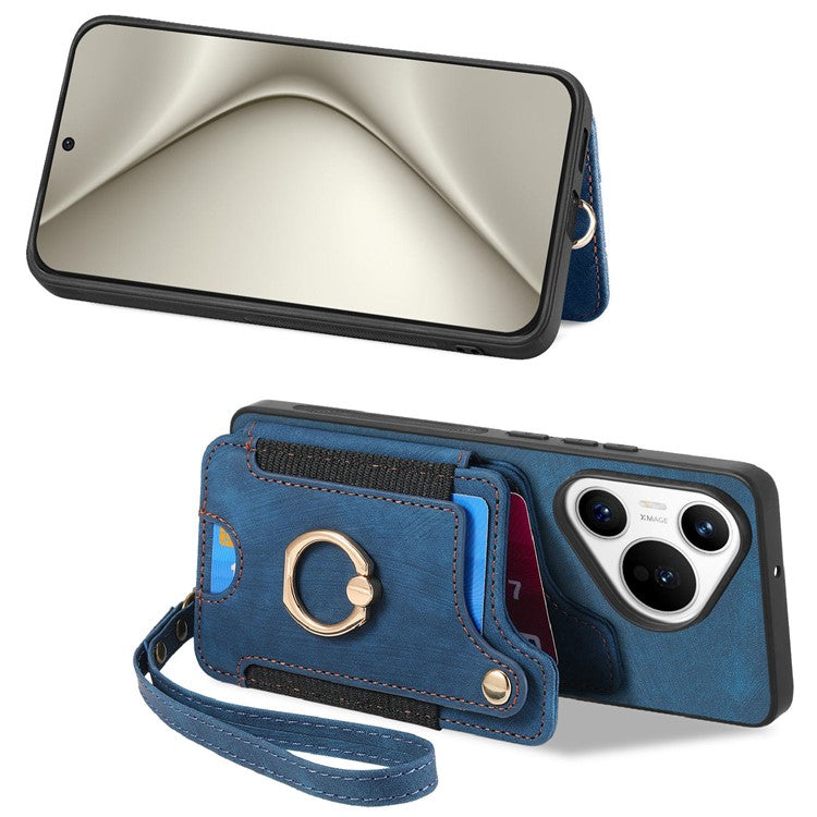 D4 For Huawei Pura 70 Case RFID Blocking Handbag Leather+TPU Phone Cover Card Slots, Ring Holder - Blue