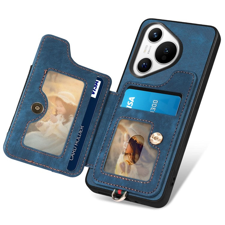 D4 For Huawei Pura 70 Case RFID Blocking Handbag Leather+TPU Phone Cover Card Slots, Ring Holder - Blue