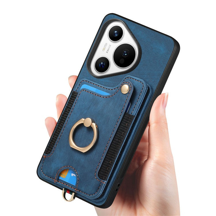 D4 For Huawei Pura 70 Case RFID Blocking Handbag Leather+TPU Phone Cover Card Slots, Ring Holder - Blue