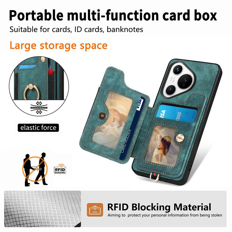 D4 For Huawei Pura 70 Case RFID Blocking Handbag Leather+TPU Phone Cover Card Slots, Ring Holder - Blue
