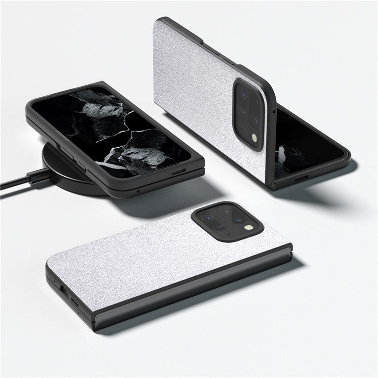 For Google Pixel 9 Pro Fold 5G Case Glitter Leather+PC Phone Cover - Silver