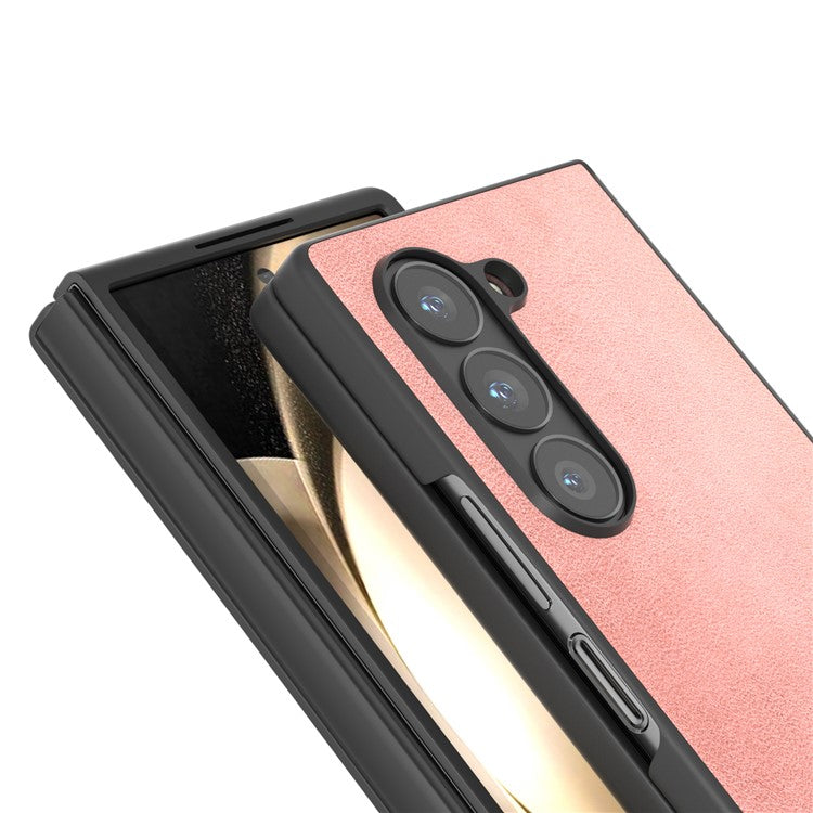 For Samsung Galaxy Z Fold6 5G Case Cowhide Texture Hard PC+PU Protective Phone Cover - Pink