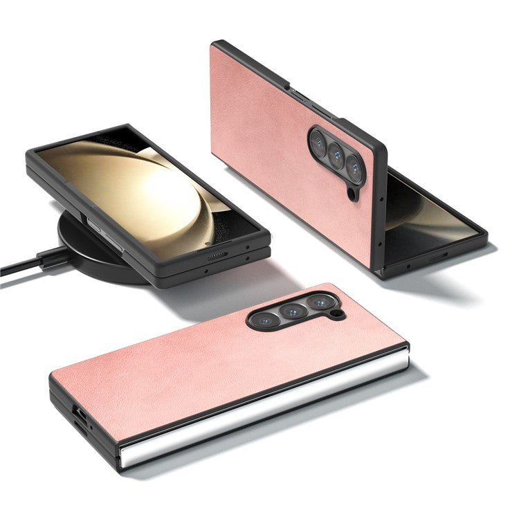For Samsung Galaxy Z Fold6 5G Case Cowhide Texture Hard PC+PU Protective Phone Cover - Pink
