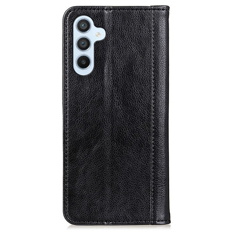 For Samsung Galaxy M35 5G Stand Case Split Leather Litchi Texture Wallet Phone Cover - Black