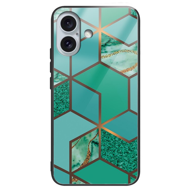 For iPhone 16 Plus Case Artistic Marble Pattern Anti-Drop Tempered Glass Phone Cover - Style C