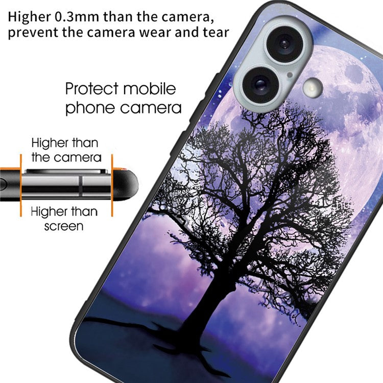 For iPhone 16 Case Pattern Printing Tempered Glass+TPU Phone Cover - Tree and Moon