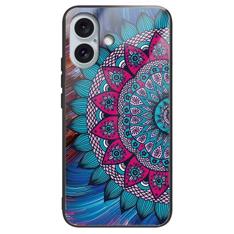 For iPhone 16 Case Pattern Printing Tempered Glass+TPU Phone Cover - Mandala Flower