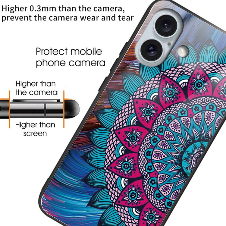 For iPhone 16 Case Pattern Printing Tempered Glass+TPU Phone Cover - Mandala Flower