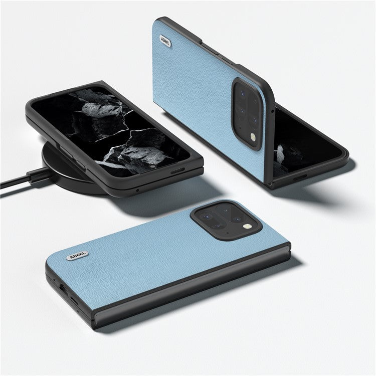 ABEEL For Google Pixel Fold 2 Case Genuine Cow Leather PC Phone Cover Black Edge - Sky Blue