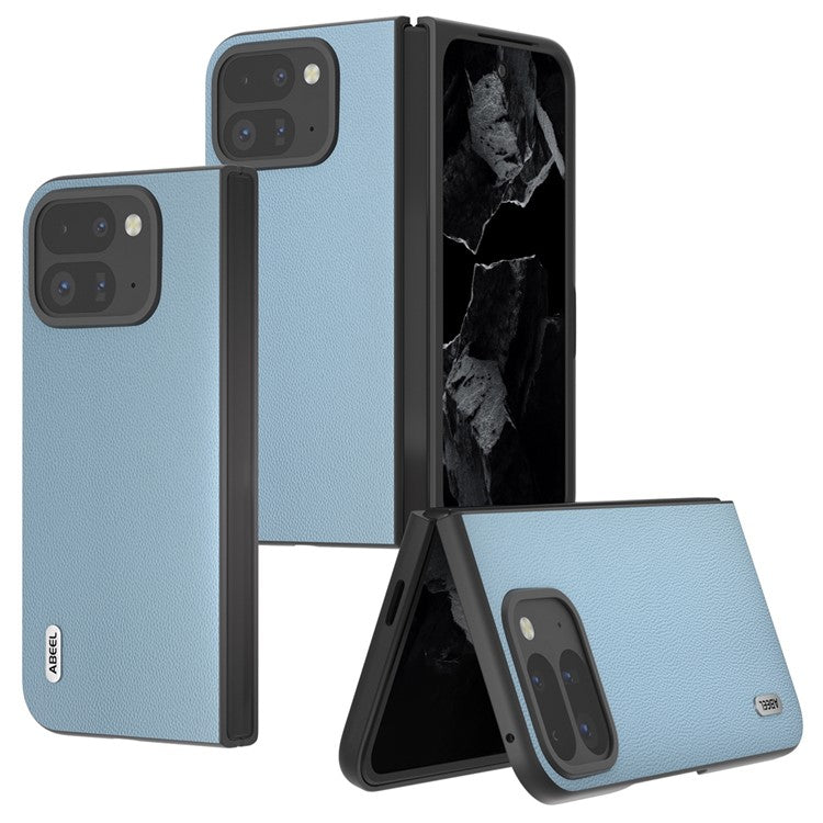 ABEEL For Google Pixel Fold 2 Case Genuine Cow Leather PC Phone Cover Black Edge - Sky Blue