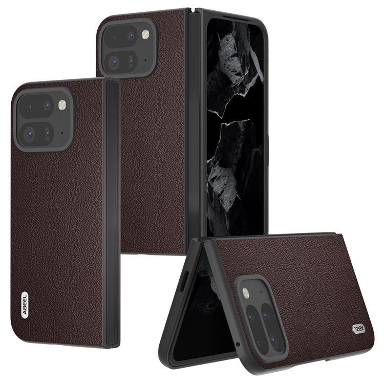 ABEEL For Google Pixel Fold 2 Case Genuine Cow Leather PC Phone Cover Black Edge - Coffee