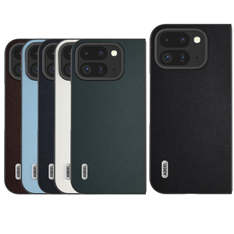 ABEEL For Google Pixel Fold 2 Case Genuine Cow Leather PC Phone Cover Black Edge - Coffee