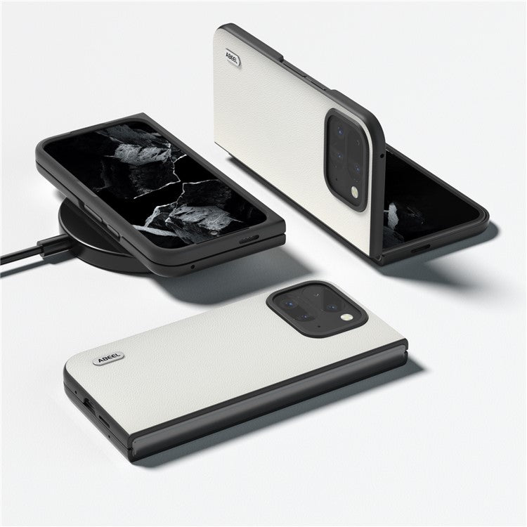 ABEEL For Google Pixel Fold 2 Case Genuine Cow Leather PC Phone Cover Black Edge - White