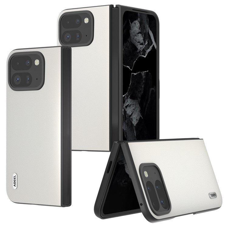 ABEEL For Google Pixel Fold 2 Case Genuine Cow Leather PC Phone Cover Black Edge - White