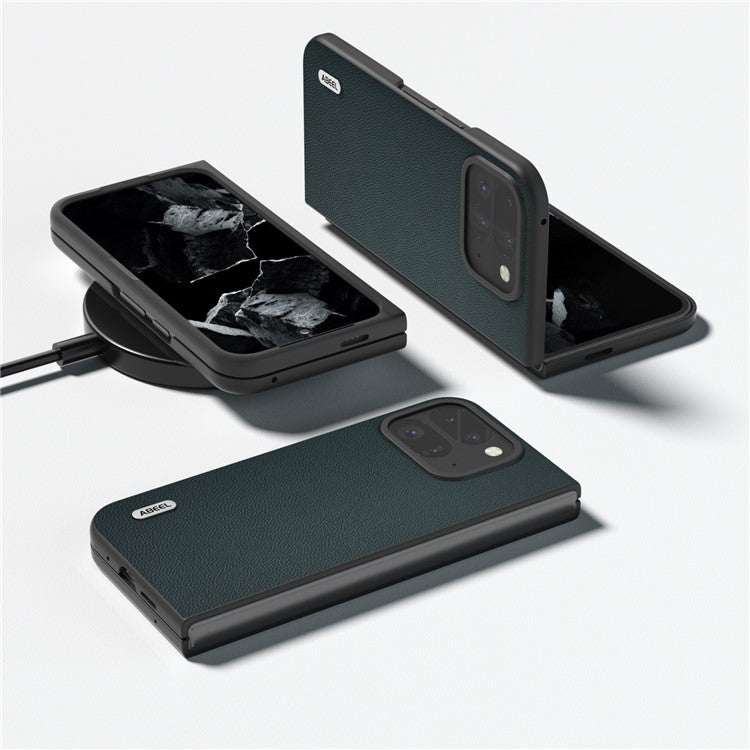 ABEEL For Google Pixel Fold 2 Case Genuine Cow Leather PC Phone Cover Black Edge - Green
