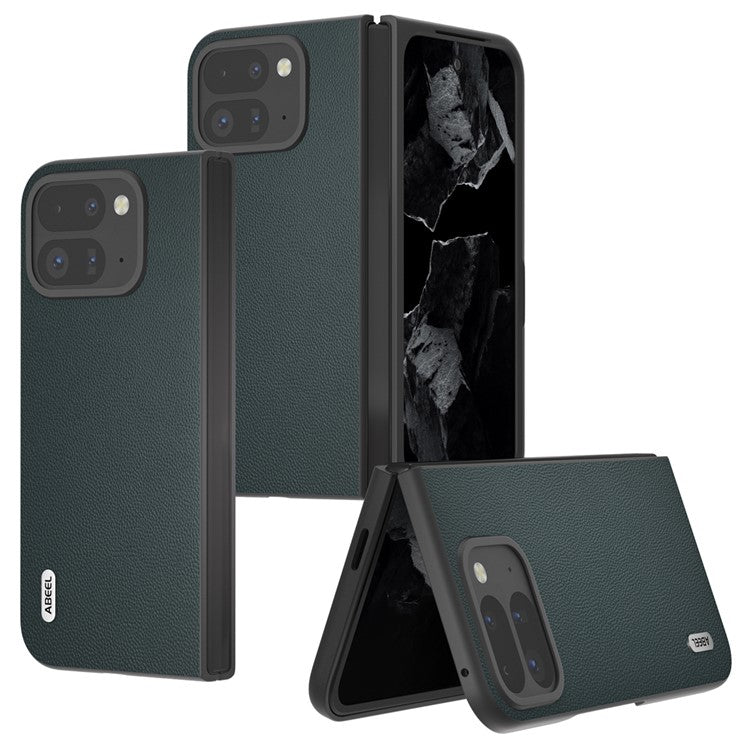 ABEEL For Google Pixel Fold 2 Case Genuine Cow Leather PC Phone Cover Black Edge - Green