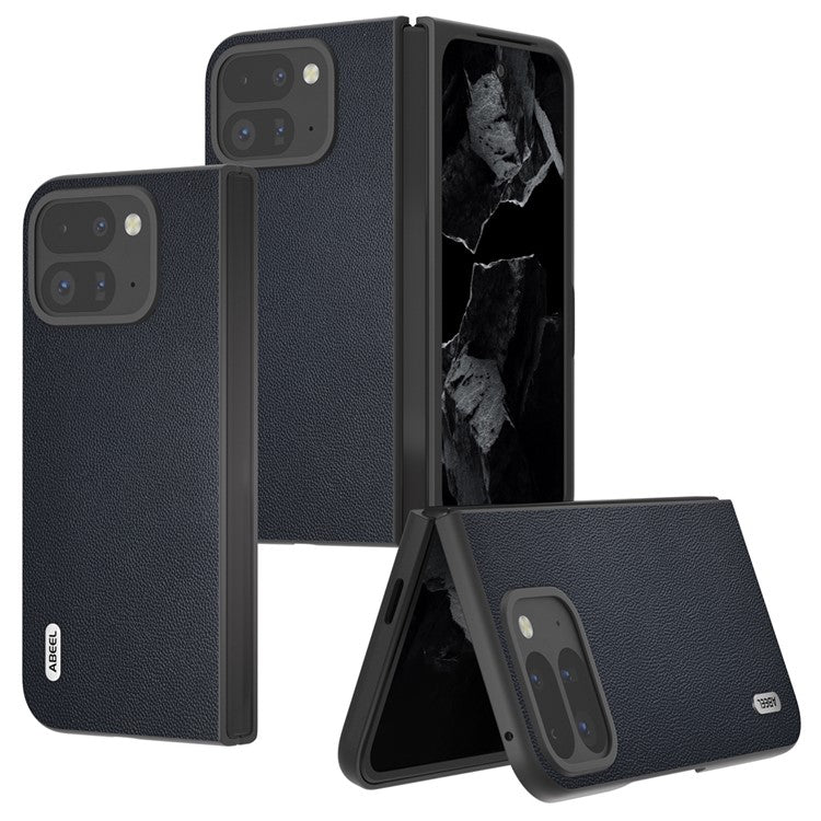 ABEEL For Google Pixel Fold 2 Case Genuine Cow Leather PC Phone Cover Black Edge - Blue