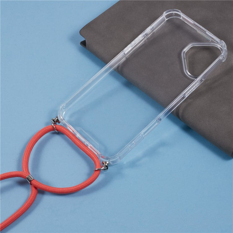 For iPhone 16 Case TPU Frame Acrylic Back Transparent Phone Cover with Lanyard - Watermelon Red