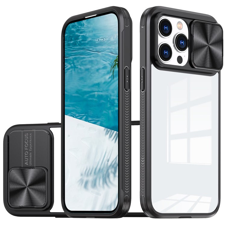 For iPhone 16 Pro Case TPU+PC Clear Phone Cover with CD-Veins Camera Lens Sliding Lid - Black