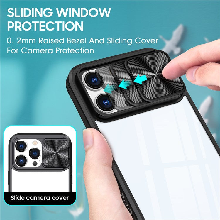 For iPhone 16 Pro Case TPU+PC Clear Phone Cover with CD-Veins Camera Lens Sliding Lid - Black