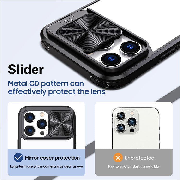 For iPhone 16 Pro Case TPU+PC Clear Phone Cover with CD-Veins Camera Lens Sliding Lid - Black