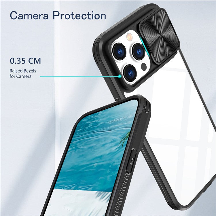 For iPhone 16 Pro Case TPU+PC Clear Phone Cover with CD-Veins Camera Lens Sliding Lid - Black