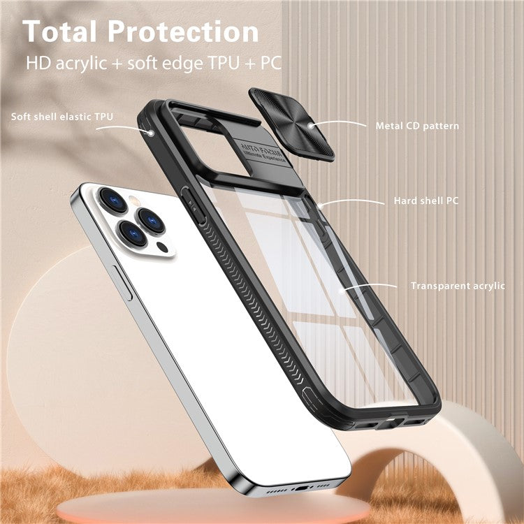 For iPhone 16 Pro Case TPU+PC Clear Phone Cover with CD-Veins Camera Lens Sliding Lid - Black