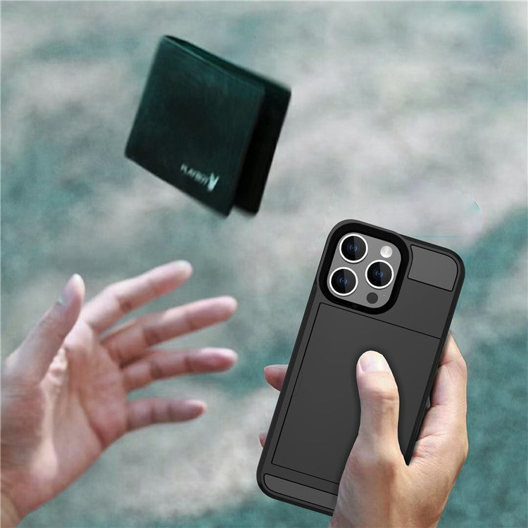 For iPhone 16 Pro Case with Sliding Card Holder PC+TPU Phone Back Cover - Black