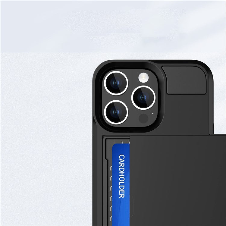 For iPhone 16 Pro Case with Sliding Card Holder PC+TPU Phone Back Cover - Black