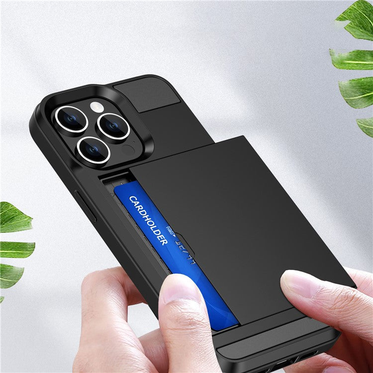 For iPhone 16 Pro Case with Sliding Card Holder PC+TPU Phone Back Cover - Black