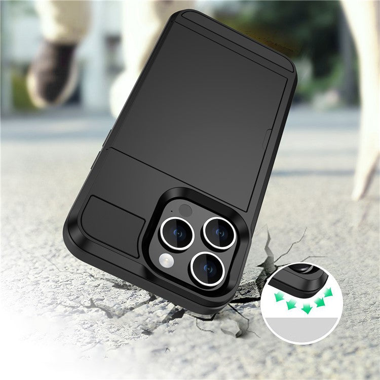 For iPhone 16 Pro Case with Sliding Card Holder PC+TPU Phone Back Cover - Black