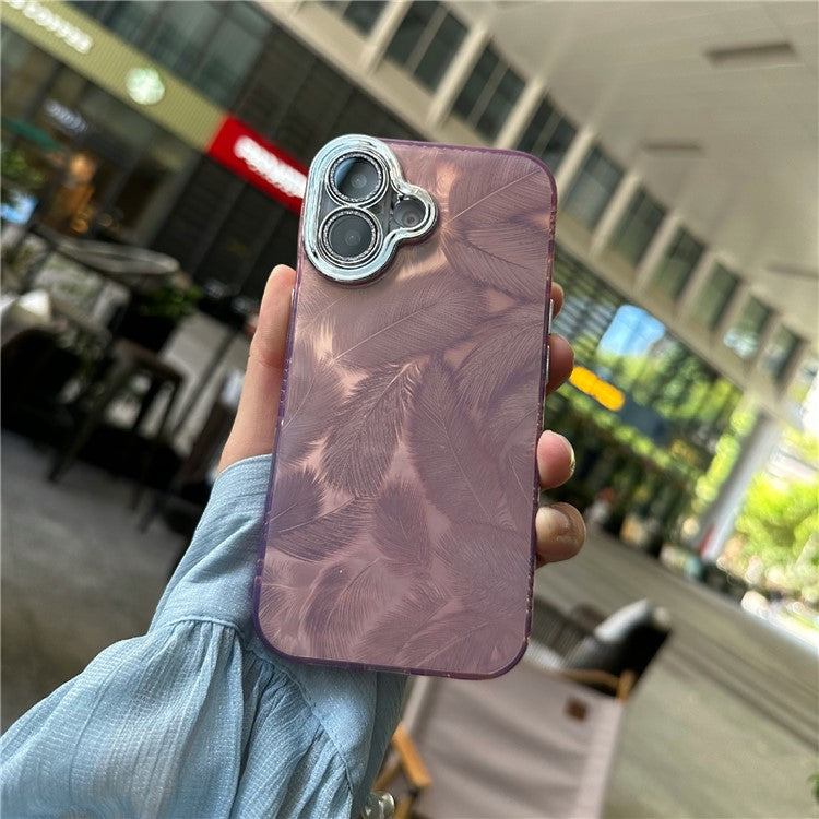 For iPhone 16 Case Anti-Scratch TPU+PC Phone Cover Feather Pattern - Pink