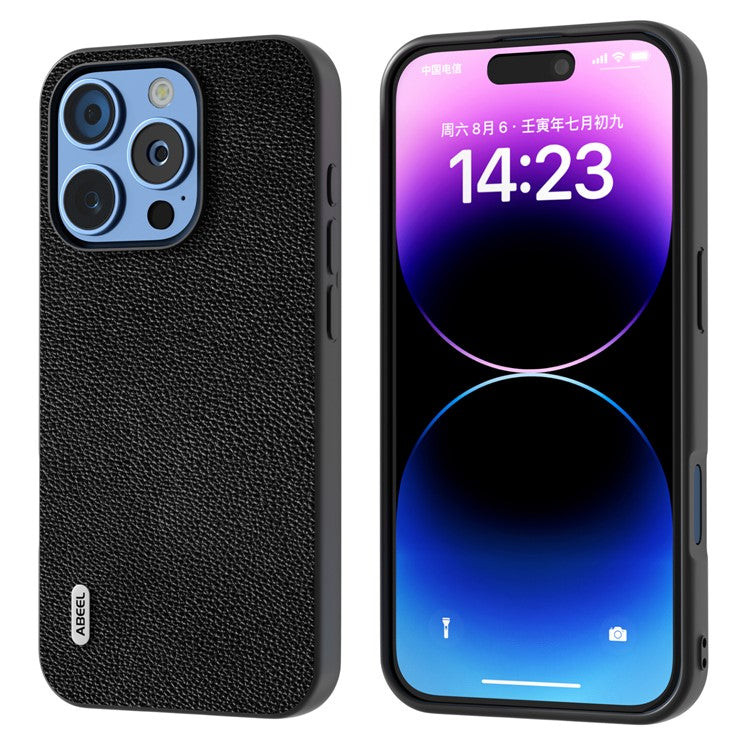 ABEEL For iPhone 16 Pro Case Litchi Texture Genuine Cow Leather+PC Phone Cover - Black