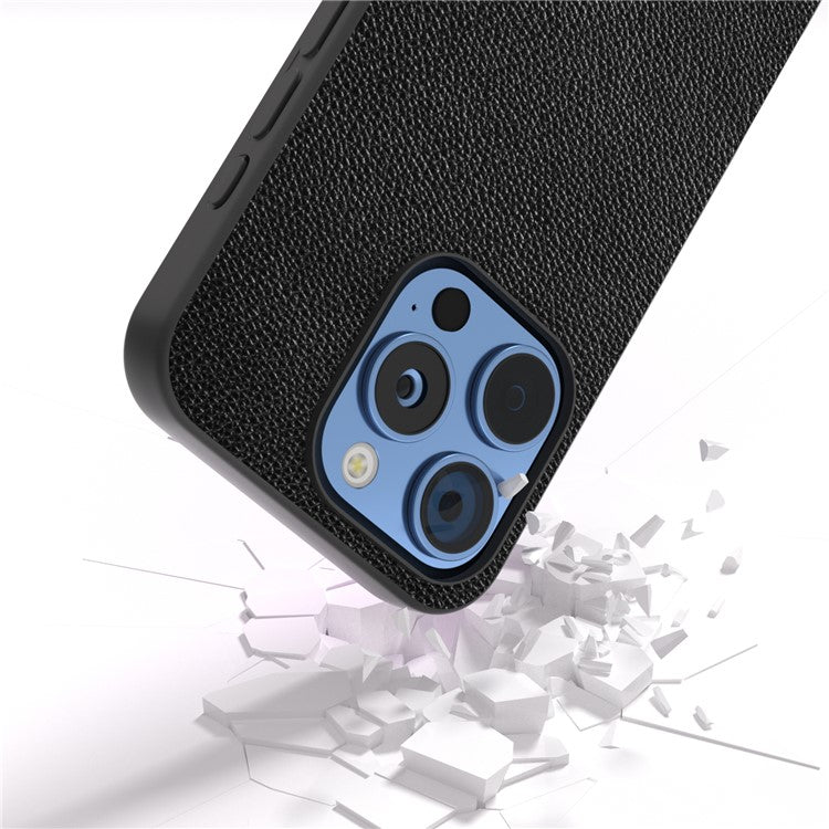 ABEEL For iPhone 16 Pro Case Litchi Texture Genuine Cow Leather+PC Phone Cover - Black