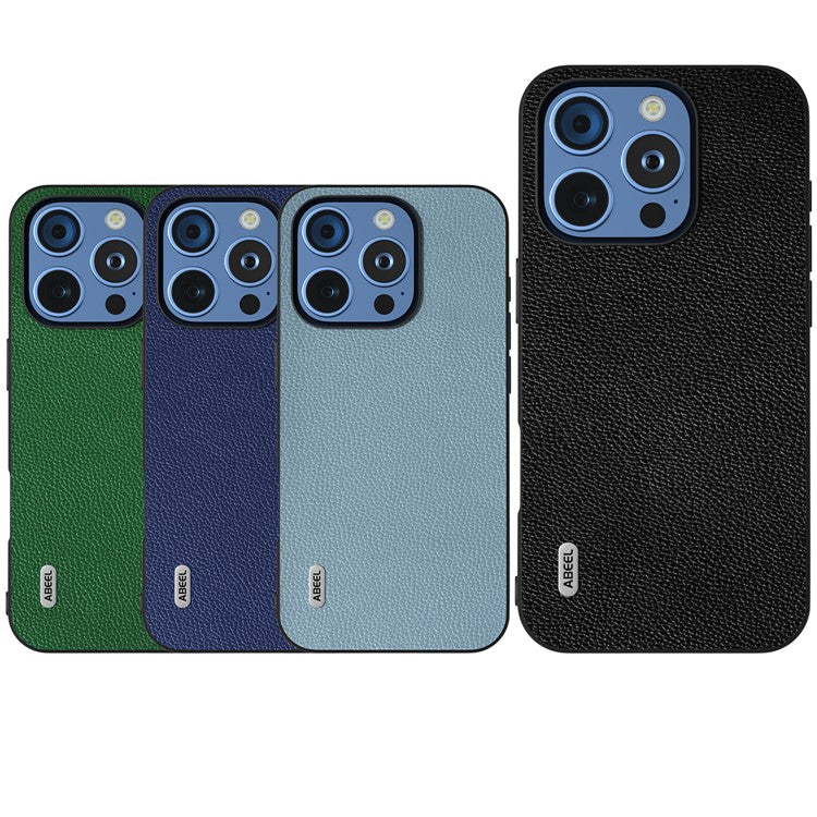 ABEEL For iPhone 16 Pro Case Litchi Texture Genuine Cow Leather+PC Phone Cover - Black