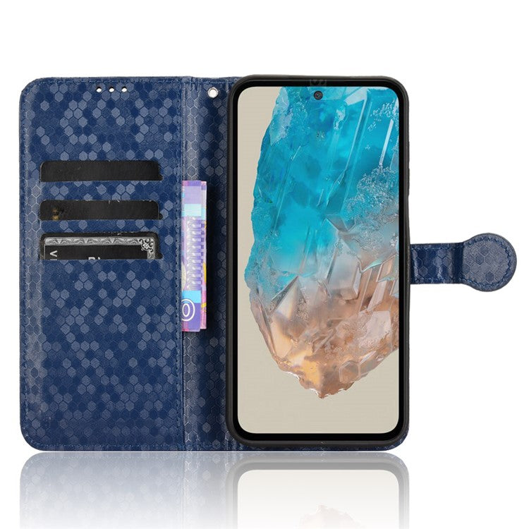 For Samsung Galaxy M35 5G Wallet Case Dot Pattern Imprint PU Leather Phone Cover - Dark Blue