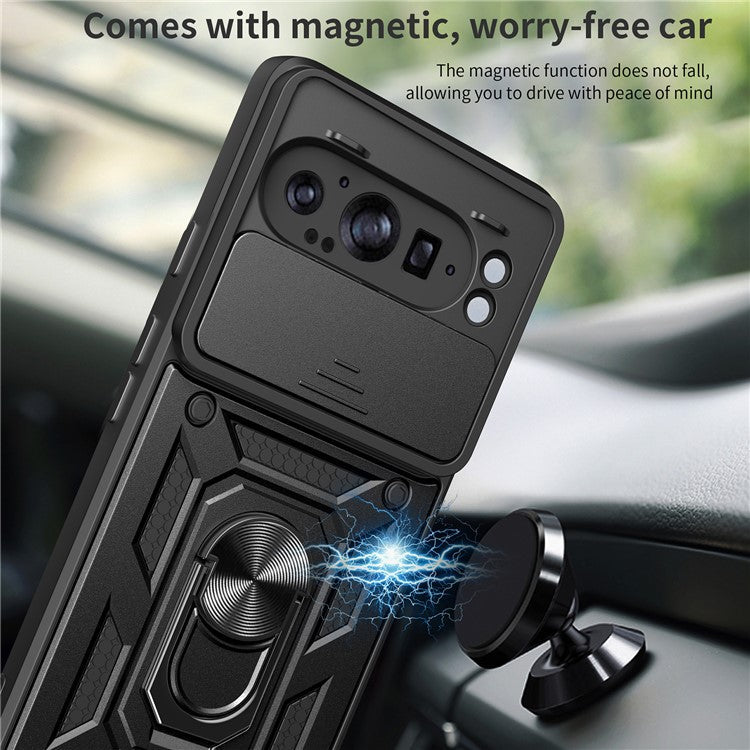 For Google Pixel 9 Pro XL Case with Slide Camera Lid PC+TPU Kickstand Phone Cover - Black