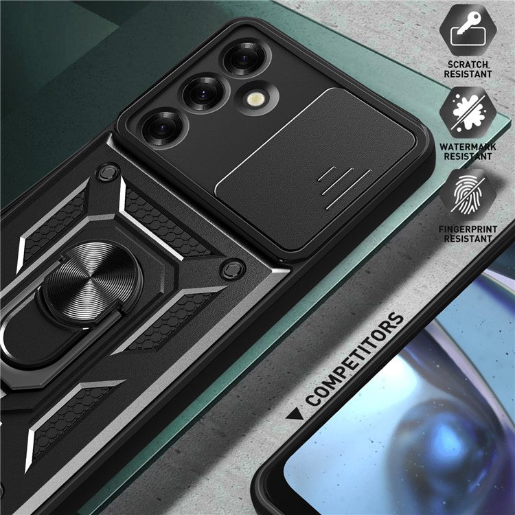 For Samsung Galaxy M35 5G Case with Slide Camera Lid PC+TPU Kickstand Phone Cover - Black