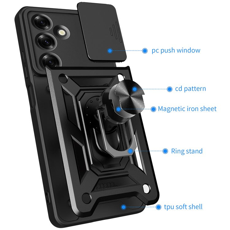 For Samsung Galaxy M35 5G Case with Slide Camera Lid PC+TPU Kickstand Phone Cover - Gold
