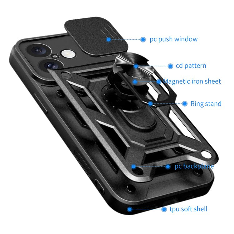 For iPhone 16 Plus Case with Slide Camera Lid PC+TPU Kickstand Phone Cover - Silver