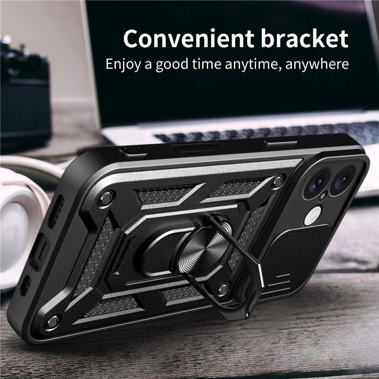 For iPhone 16 Plus Case with Slide Camera Lid PC+TPU Kickstand Phone Cover - Silver