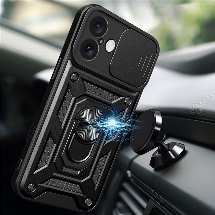 For iPhone 16 Plus Case with Slide Camera Lid PC+TPU Kickstand Phone Cover - Silver