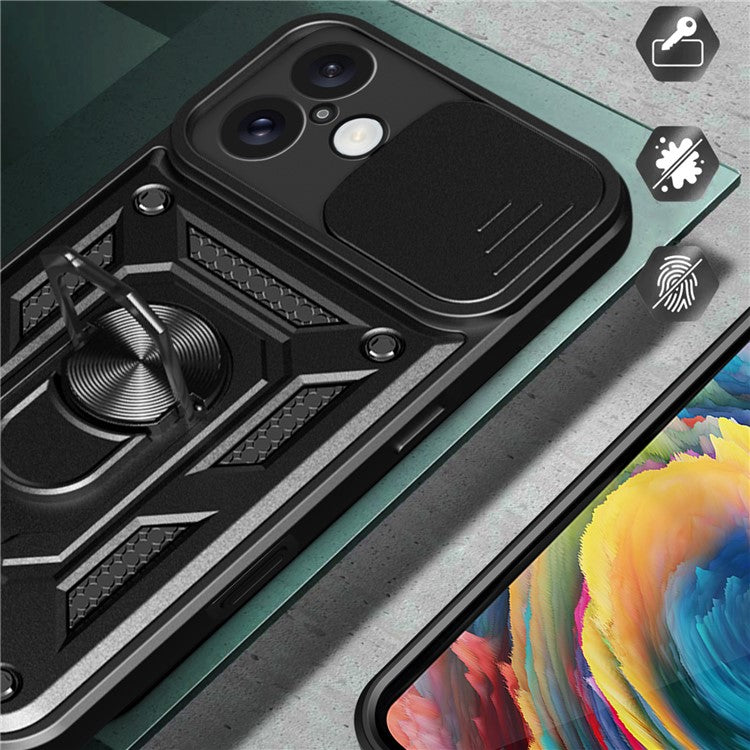 For iPhone 16 Plus Case with Slide Camera Lid PC+TPU Kickstand Phone Cover - Silver