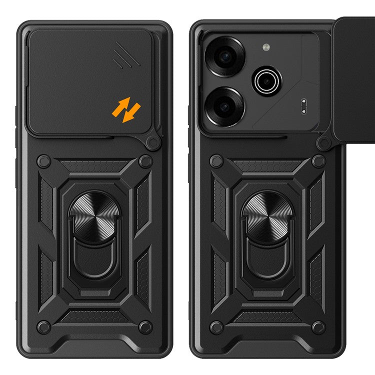 For TECNO Pova 6 Pro 5G Case with Slide Camera Lid PC+TPU Kickstand Phone Cover - Black
