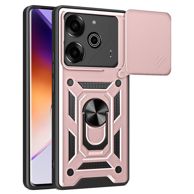 For TECNO Pova 6 Pro 5G Case with Slide Camera Lid PC+TPU Kickstand Phone Cover - Rose Gold