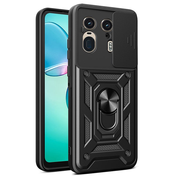 For Motorola Moto X50 Ultra 5G  /  Edge 50 Ultra 5G Case with Slide Camera Lid PC+TPU Kickstand Phone Cover - Black