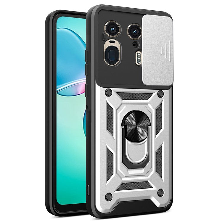 For Motorola Moto X50 Ultra 5G  /  Edge 50 Ultra 5G Case with Slide Camera Lid PC+TPU Kickstand Phone Cover - Silver